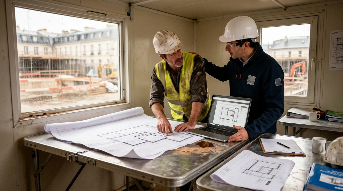 Conducteur de travaux et chef de chantier discutant autour d'un plan et d'un ordinateur portable dans une base-vie
