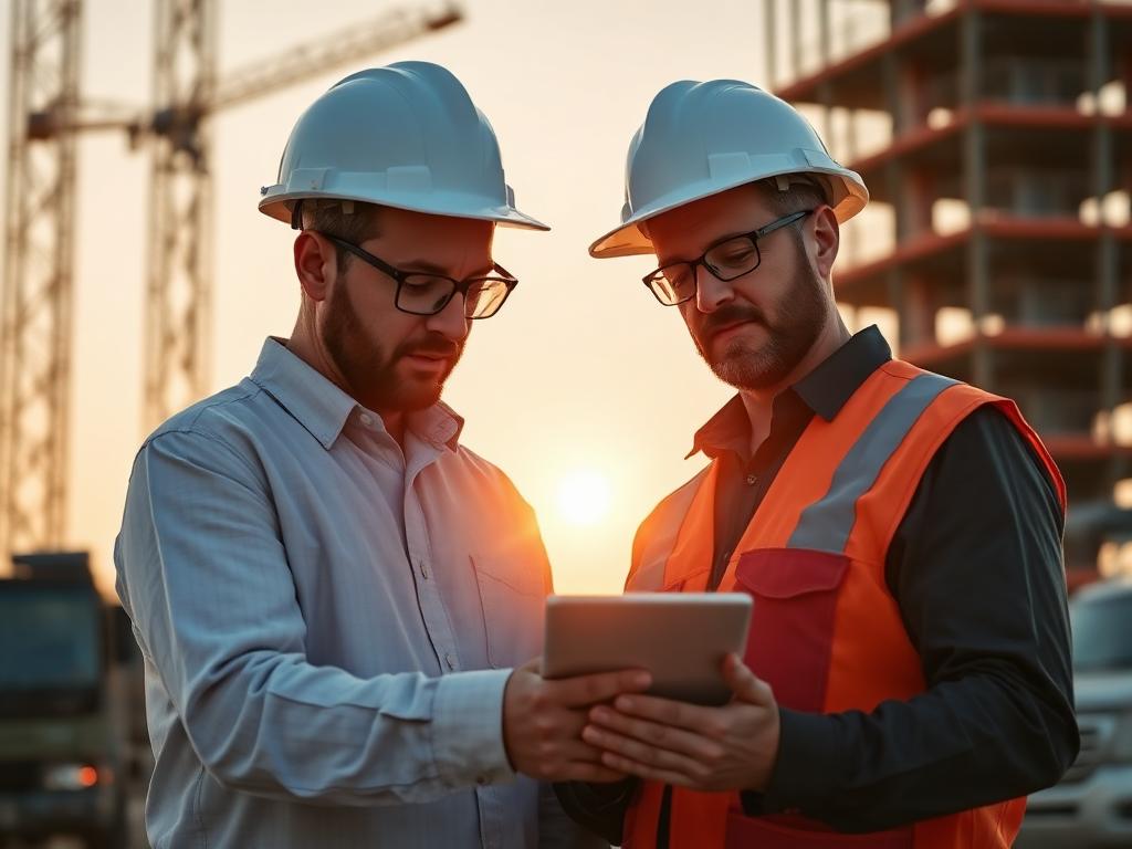 Steeve et un client consultant une tablette sur chantier